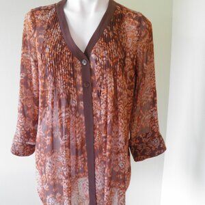 ColdWater Creek Fall Brown Orange Cream Print Sheer Tunic Top S 6-8 3/4 Sleeve